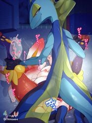 absurd_res anthro bodily_fluids breasts cinderace cum cum_inside double_dick female feral from_front_position generation_8_pokemon genital_fluids genitals hi_res inteleon lay_on_back lay_on_floor lying male missionary_position nintendo nipples on_back outside pokemon pokemon_(species) prrrrrrmine sex vulva