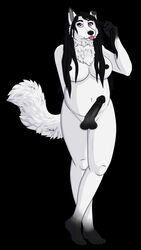 anthro balls belly bent_ear big_breasts black_balls black_feet black_hair black_hands black_nipples black_penis breasts canid canine canis chest_tuft christinestaff crossed_legs domestic_dog fluffy fluffy_tail fur futanari genitals gynomorph hair hi_res humanoid_genitalia humanoid_penis husky intersex mammal nipples nordic_sled_dog nude penis purple_eyes slightly_chubby solo spitz tongue tongue_out tuft white_body white_fur white_tail