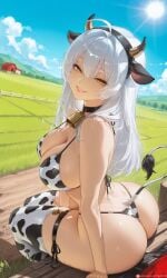 ahoge ai_generated animal_ears animal_print ass bangs bare_shoulders bell bikini blue_sky blush breasts cleavage cloud collar commission commissions_open cow_ears cow_horns cow_print cow_print_bikini cow_tail cowbell cowkini day fake_animal_ears fake_tail female goddess_of_victory:_nikke grass hair_between_eyes hairband horns large_breasts lips long_hair looking_at_viewer looking_back neck_bell outdoors parted_lips print_bikini self_upload side-tie_bikini_bottom sitting skindentation sky smile snow_white_(nikke) solo string_bikini sun swimsuit tail tgv9173 thigh_strap thighhighs thighs thong_bikini white_hair yellow_eyes