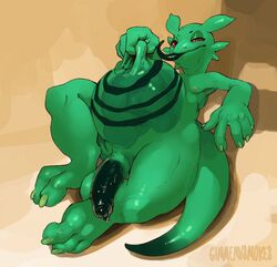 amphibian anthro balls belly belly_inflation belly_play big_belly bodily_fluids feet foreskin genital_fluids genitals gimmemysmokes goo_(disambiguation) hi_res hyper hyper_belly long_tongue lying male navel newt nipples on_back penis precum salamander_(amphibian) slime solo tongue tongue_out vore