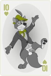 anthro balls barefoot bottomless bow_tie canid canine canis clothed clothing coat disney erection fox fur genitals hat headgear headwear hi_res humanoid_genitalia humanoid_penis looking_at_viewer male male_only mammal neenya penis playing_card robin_hood_(character) robin_hood_(disney) shirt simple_background smile solo standing suit tailcoat ten_of_hearts testicles topwear transparent_background