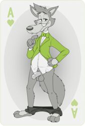 ace_of_hearts anthro balls belly black_tie_(suit) bottomless bow_tie canid canine canis clothed clothing dad_bod digital_media_(artwork) erection eyewear genitals grey_body hair hi_res humanoid_genitalia humanoid_penis looking_at_viewer male male_only mammal mascot mature_male neenya penis playing_card simple_background smile solo suit symbicort_commercial transparent_background wolf