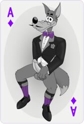 ace_of_diamonds anthro balls black_tie_(suit) bow_tie canid canine canis clothed clothing digital_media_(artwork) erection eyewear facial_hair footwear fur genitals half-closed_eyes hi_res holding_penis humanoid_genitalia humanoid_penis legwear looking_at_viewer male male_only mammal metro-goldwyn-mayer moustache narrowed_eyes neenya penis playing_card red_hot shoes simple_background smile sock_garters socks solo suit tex_avery tex_avery_wolf transparent_background wolf