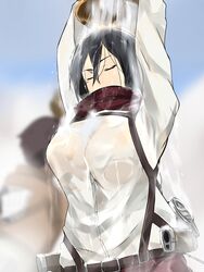 1girls attack_on_titan big_breasts black_hair blurry_background cafekun drenched female female_focus mikasa_ackerman short_hair wet_clothes