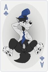 ace_of_clubs anthro balls belly big_bad_wolf black_body black_fur canid canine canis clothed clothing dad_bod digital_media_(artwork) disney erection eyewear fur genitals hat headgear headwear hi_res little_red_riding_hood_(copyright) male male_only mammal necktie neenya penis playing_card shirt small_penis solo spats the_three_little_pigs top_hat topwear white_background wolf zeke_wolf