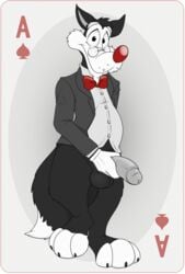 ace_of_spades_(playing_card) animaniacs anthro balls big_penis black_body black_fur black_tie_(suit) bottomless bow_tie canid canine canis clothed clothing dad_bod digital_media_(artwork) erection eyewear fur genitals hi_res holding_penis humanoid_genitalia humanoid_penis looking_at_viewer male male_only mammal neenya penis playing_card simple_background smile solo suit topwear transparent_background walter_wolf warner_brothers white_body white_fur wolf