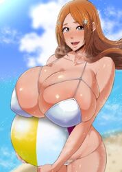 areolae beach beach_ball bikini bleach breasts breasts_bigger_than_head brown_hair bursting_breasts cleavage cleavage_overflow huge_breasts inoue_orihime large_areolae long_hair looking_at_viewer mole mole_on_breast mole_under_mouth mucc overflowing_breasts solo solo_female uncontainable_breasts venus_body