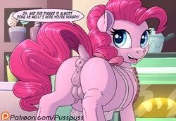 2020 animal_genitalia animal_pussy anus ass blue_eyes crotchboobs earth_pony english_text equid equine equine_pussy female feral friendship_is_magic fur furry genitals horse looking_back mammal my_little_pony nipples open_mouth pink_body pink_fur pinkie_pie_(mlp) pony pregnant puffy_anus pusspuss pussy solo speech_bubble teeth text tongue