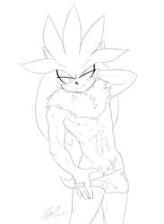 2020 5_fingers abs anthro biceps bulge clothed clothing eulipotyphlan fingers genital_outline genitals hand_on_head hedgehog hi_res humanoid_hands line_art male male_only mammal monochrome nipples penis penis_base penis_outline seductive_eyes seductive_look silver_the_hedgehog simple_background smile smiling_at_viewer soina solo sonic_(series) sonic_the_hedgehog_(series) topless white_background