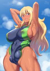 1futa 2020 abs areolae armpits arms_up ball_bulge balls balls_in_panties balls_in_swimsuit blonde_hair blue_background blue_eyes blush breasts bulge bursting_breasts cameltail chubby clothed clouds dark-skinned_futanari dark_skin dated day erect_nipples erection erection_under_clothes eye_contact futa_only futanari green_eyes half-closed_eyes huge_breasts huge_cock huge_penis intersex intersex_only large_balls long_penis looking_at_viewer nipple_bulge nipples one-piece_swimsuit opera_brest original original_character outdoors panties panty_bulge penis penis_bulge penis_in_panties penis_under_clothes pose pussy sideboob skin_tight sky solo solo_futa sweat swimsuit tenting text thick_thighs thigh_gap thighs uncensored watermark wet zheng