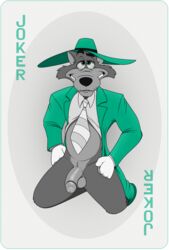 anthro balls belly bottomless canid canine canis clothed clothing dad_bod disney fedora flaccid fur genitals grey_body half-closed_eyes hat headgear headwear hi_res humanoid_genitalia humanoid_penis joker_(playing_card) looking_at_viewer male male/male male_only mammal narrowed_eyes necktie neenya penis playing_card quack_pack simple_background smile topwear transparent_background wolf zoot_suit