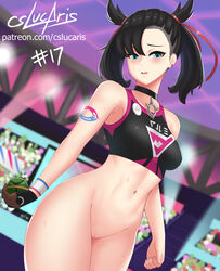 1girls alternate_breast_size alternate_outfit armpits artist_name ball black_hair bottomless bracelet choker clothing cslucaris dusk_ball eye_contact female female_only gloves green_eyes gym_uniform hair hair_over_one_eye half-closed_eyes human looking_at_viewer marnie_(pokemon) midriff nintendo patreon poke_ball pokemon pokemon_ss pussy shirt signature solo sweat tank_top tattoo text thick_thighs url video_games watermark wide_hips