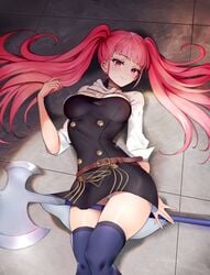 1girls axe between_legs clothed_female ei1han female female_only fire fire_emblem fire_emblem:_three_houses floor hilda_valentine_goneril large_breasts long_hair panties pantyshot pink_eyes pink_hair solo solo_focus straddling thighhighs twintails upskirt yowuyoru