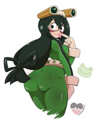 1girls big_ass big_breasts black_eyes cinnamon6 female female_only frog_girl frog_humanoid green_hair hero_outfit_(mha) light-skinned_female light_skin long_hair my_hero_academia solo solo_female solo_focus thick_thighs tsuyu_asui white_background