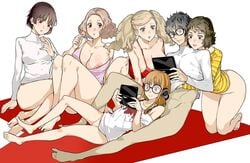 1boy 5girls ann_takamaki atlus azukiko big_breasts haru_okumura innie_pussy joker_(persona) makoto_niijima megami_tensei multiple_girls nipple_slip no_bra no_panties persona persona_5 playing_videogame ren_amamiya sadayo_kawakami sakura_futaba thick_thighs