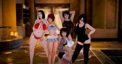 3d 5girls ass big_breasts black_hair glasses hand_on_head hand_on_hip hand_on_thigh honey_select impi kono_(impi) looking_at_viewer milf minamoto_(impi) one-piece_swimsuit petite posing red_hair swimsuit tattoos thick_thighs thighhighs wide_hips