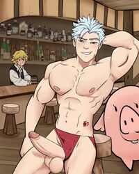 2boys abs armpits balls ban_(nanatsu_no_taizai) big_balls big_penis blonde_hair blue_hair cummytomato fit large_breasts looking_at_viewer male male_only muscle muscles muscular muscular_male nanatsu_no_taizai nipples penis penis_out red_eyes smile tattoo testicles the_seven_deadly_sins underwear