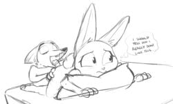 2017 anal anthro anthro_on_anthro bed canid canine closed_eyes disney duo english_text female fox fur furniture judy_hopps lagomorph leporid male mammal monochrome nick_wilde on_bed open_mouth oral pillow rabbit red_fox rimming rough_sketch sex shoutingisfun simple_background straight text thought_bubble tongue tongue_out white_background zootopia