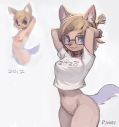 anthro blue_eyes bottomless breasts clothed clothing eyewear female genitals glasses navel nipples puinkey_(artist) pussy shirt simple_background solo t-shirt tongue topwear white_background