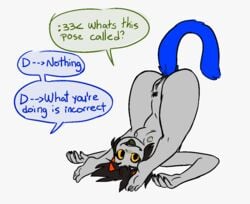 1boy 1girls :3 black_hair breasts dialogue equius_zahhak flexible grey_skin homestuck horns legs_over_head ms_paint_adventures naked nepeta_leijon nipples pubic_hair pumpkinsmut pussy short_hair small_breasts speech_bubble tail text troll upside-down white_background