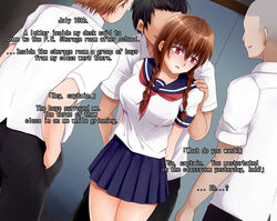 73gou_koudou big_breasts blackmail brown_hair doujin english_text female imminent_rape kappamaru multiple_boys red_eyes school_uniform