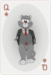 anthro balls barefoot biped bottomless clothed clothing dad_bod disney domestic_cat douglas_benson erection felid feline felis fur genitals hi_res humanoid_genitalia humanoid_penis male male_only mammal micropenis necktie neenya overweight overweight_male penis playing_card queen_of_spades simple_background small_penis solo standing suit talespin tiny_(disambiguation) topwear transparent_background