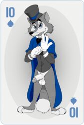 "honest"_john_foulfellow 10_of_spades anthro balls big_penis black_nose black_tie_(suit) bottomless canid canine cape clothed clothing cuff_links digital_media_(artwork) disney erection footwear fox fur genitals gloves half-closed_eyes handwear hat headgear headwear hi_res humanoid_genitalia humanoid_penis looking_at_viewer male male_only mammal narrowed_eyes neenya penis pinocchio playing_card shoes simple_background smile solo standing suit top_hat topwear transparent_background