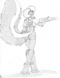 2020 anthro ass bottomless clothed clothing female fluffy fluffy_tail food fureh_(character) genitals greyscale hair holding_food holding_object mammal mephitid monochrome pizza pussy rear_view shirt short_hair simple_background sketch skunk smile solo stripes topwear wolfkidd