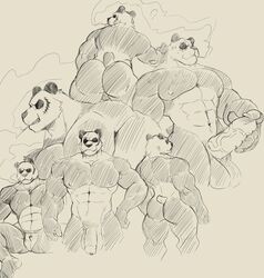 abs anthro ass beastars big_butt big_muscles big_penis bulge cigarette clothing cursedmarked erection eye_scar foreskin genitals giant_panda gouhin greyscale grin hi_res jockstrap male male_only mammal monochrome muscular muscular_male nude pecs penis scar short_tail sketch smile smoke smoking solo standing uncut underwear ursid vein veiny_penis