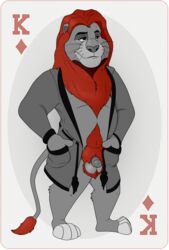 anthro balls belly clothed clothing dad_bod disney felid fur genitals hair hairy hands_in_pockets hi_res humanoid_genitalia humanoid_penis king_of_diamonds lion male male_only mammal mane mufasa neenya pantherine partially_clothed penis playing_card pockets red_body red_fur red_hair robe simple_background slightly_chubby small_penis smile smirk solo standing the_lion_king transparent_background