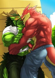 anthro anthro_on_anthro asian_mythology big_muscles blush bottomwear clothed clothing detailed_background dragon dramon duo east_asian_mythology eastern_dragon erection eye_contact genitals green_body handjob kissing kokuhane looking_at_another male male/male muscular muscular_male mythology open_pants pants penile penis razul red_body sex topless undressing