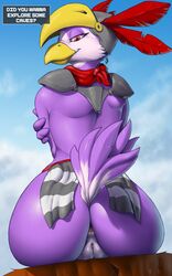 2020 anthro anus armor ass avian beak big_butt bird dialogue english_text female from_behind furry furry_only genitals helmet hi_res looking_at_viewer looking_back mammal partially_clothed presenting purple_body pussy rear_view red_feathers sitting solo squeeshy starbound text topwear video_games wide_hips