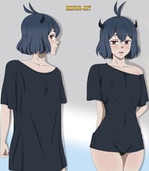 black_clover black_hair black_panties black_shirt blush horns mandio_art red_eyes secre_swallowtail shirt short_hair