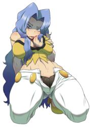 1girls abs alpha_channel alternate_breast_size belly blue_eyes blue_hair breasts clothed clothing elite_four fit human hun karen_(pokemon) karen_(pokemon_hgss) kneeling long_hair looking_at_viewer midriff navel nintendo pokemon pokemon_gsc pokemon_hgss pose saliva shirt sweat thigh_gap wet