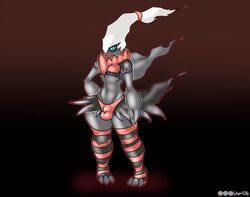 1boy 2020 3_fingers abs anthro anthrofied blue_eyes bulge clothed clothing darkrai digital_media_(artwork) english_text eye_contact feet girly hair half-closed_eyes humanoid legendary_pokemon legwear looking_at_viewer male male_only mammal nintendo patreon pokémon_(species) pokemon pokemon_(species) pokemon_dppt simple_background solo solo_male standing stockings text thick_thighs topwear video_games watermark wide_hips wingedwilly