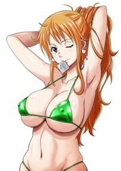 armpits arms_behind_head big_breasts bikini brown_eyes condom_in_mouth condom_wrapper female female_only highres holding_condom long_hair minpei_ichigo nami nipples nipples_visible_through_clothing one_piece open_condom_wrapper orange_hair ponytail solo solo_female solo_focus