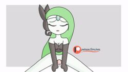 1girls animated anthro anthrofied bottomless breasts cleavage closed_eyes dildo female female_only green_hair grey_background long_hair masturbation meloetta nintendo open_mouth patreon pokemon pokemon_bw pussy sex_toy shirt small_breasts solo spread_legs text tongue url watermark white_border white_skin zero_toon