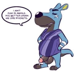 1boy animal_crossing anthro balls big_penis bodily_fluids bottomless clothed clothing daxhush english_text flaccid genital_fluids genitals humanoid_genitalia humanoid_penis kangaroo low_res macropod male male_only mammal marsupial nintendo penis precum scar solo solo_male stubble text video_games walt_(animal_crossing)