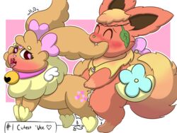 1boy 4:3 all_fours ambiguous_gender ambiguous_penetration aria bell bite blush bodily_fluids brown_body brown_fur chest_tuft closed_eyes collar cum cum_inside dipstick_tail doggy_style dripping duo ear_bite eevee eeveelution eyelashes feral feral_on_feral feral_penetrating flareon flower from_behind_position fur furry genital_fluids green_nose h2o2 heart heart-shaped_pupils interspecies jewelry leaf leg_markings looking_back male markings multicolored_tail necklace nintendo open_mouth original_character penetration pink_collar pink_nose plant pokémon_(species) pokemon pokemon_rgby red_body red_fur sex simple_background socks_(marking) tail tail_hug teeth tongue tongue_out tuft video_games wings