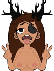 1girls antlers areolae artist_request big_breasts black_antlers black_eyepatch black_eyes breasts brown_hair double_peace_sign double_v eye_patch eyepatch female female_focus female_only heart-shaped_pupils long_hair nipples nude nude_female open_mouth outline peace_sign roblox roblox_avatar robloxian solo solo_female source_request tan-skinned_female tan_skin tongue tongue_out transparent_background v