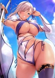 asymmetrical_hair bangs bare_shoulders blue_eyes blue_gk blue_legwear blue_ribbon blue_sky blue_swimsuit blush bocas_top breasts bun_cover cleavage criss-cross_halter detached_sleeves fanbox_reward fate/grand_order fate_(series) female female_only fur_trim grin hair_bun hair_ornament hair_ribbon halter_top halterneck high_resolution hip_focus large_breasts large_filesize long_hair looking_at_viewer miyamoto_musashi_(fate) miyamoto_musashi_(swimsuit_berserker) miyamoto_musashi_(swimsuit_berserker)_(third_ascension)_(fate) navel one_eye_closed paid_reward pink_hair ribbon sky smile solo solo_female sunlight swept_bangs swimsuit sword tanned teeth thighhighs thighs tied_hair two-tone_swimsuit underboob very_high_resolution weapon wet white_swimsuit