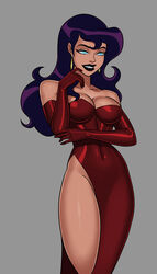 big_breasts blue_eyes breasts circe_(dc) cleavage cocktail_dress dc dress earrings elbow_gloves evening_gloves gloves lipstick long_gloves long_hair red_dress skin_tight solo solo_female sunsetriders7