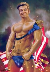 1boy actor american_flag anthony_starr belt blonde_hair body_hair bulge cape caucasian caucasian_male celebrity chest_hair erect_nipples gay homelander human human_only in_character kirk_cameron male_focus male_only muscular_male no_visible_genitalia realistic smile smirk tan_skin the_boys topless underwear zane_nox