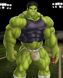 balls bara bulge football_(ball) gay green_skin hulk hulk_(series) jockstrap male male_only marvel marvel_comics muscles muscular obeyecow penis ripped_clothing solo solo_male tank_top