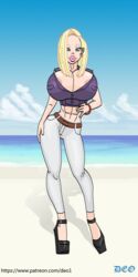 1girls abs android_18 areolae areolae_slip beach big_ass big_breasts bimbo blonde_hair blue_eyes bracelet bubble_butt cleavage curvy deoarts dragon_ball earrings female female_only hand_on_hip high_heels hourglass_figure huge_breasts jeans lipstick looking_at_viewer milf muscular_female solo thick_lips