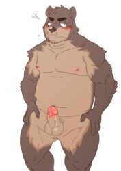 2017 anthro balls belly blush brown_body brown_fur erection fur genitals humanoid_hands kemono male male_only mammal moobs navel nipples overweight overweight_male penis ryuta-h simple_background solo ursid white_background