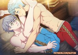 2boys abs ashe_ubert ass blue_eyes blue_hair boxers butt caspar_von_bergliez duo erection erection_under_clothes fire_emblem fire_emblem:_three_houses gay green_eyes grey_hair male male_only multiple_boys muscles penis shirtless suiton underwear yaoi