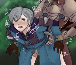 2boys anal armor ashe_ubert caspar_von_bergliez clothed_sex dottie_box duo femboy fire_emblem fire_emblem:_three_houses freckles from_behind gay green_eyes grey_hair heart male male_only malesub penis penis_out post-timeskip sex yaoi