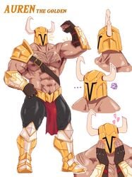 1boy abs armor armored_boots armpit_hair auren bara belt biceps big_muscles blush blushing body_hair boots bottomwear brown_fingerless_gloves brown_gloves bulge chest_hair dilf fingerless_gloves flaccid flexing flexing_arm flexing_bicep ghangaji gloves gold_belt gold_boots gold_helmet golden_belt hairy hairy_armpits hairy_chest hairy_male helmet horned_helmet horns human human_only male male_chest male_focus male_nipples male_only mature mature_male muscle muscles muscular muscular_male muscular_thighs nipples pecs pectorals pose posing pubic_hair raised_arm scars shirtless simple_background six_pack smile smiling solo solo_focus solo_male standing thick_thighs tight_bottomwear tight_clothing tight_pants toned toned_body toned_male white_background