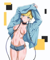 1girls abs arms_up blonde_hair blue_eyes blue_jacket breasts elesa_(pokemon) elesa_(pokemon_bw) eye_contact ezokuroten female gym_leader headphones highres human jacket jewelry long_sleeves looking_at_viewer navel neck_ring nintendo nipples open_clothes open_jacket pokemon pokemon_bw short_hair short_shorts shorts solo thigh_gap thighs